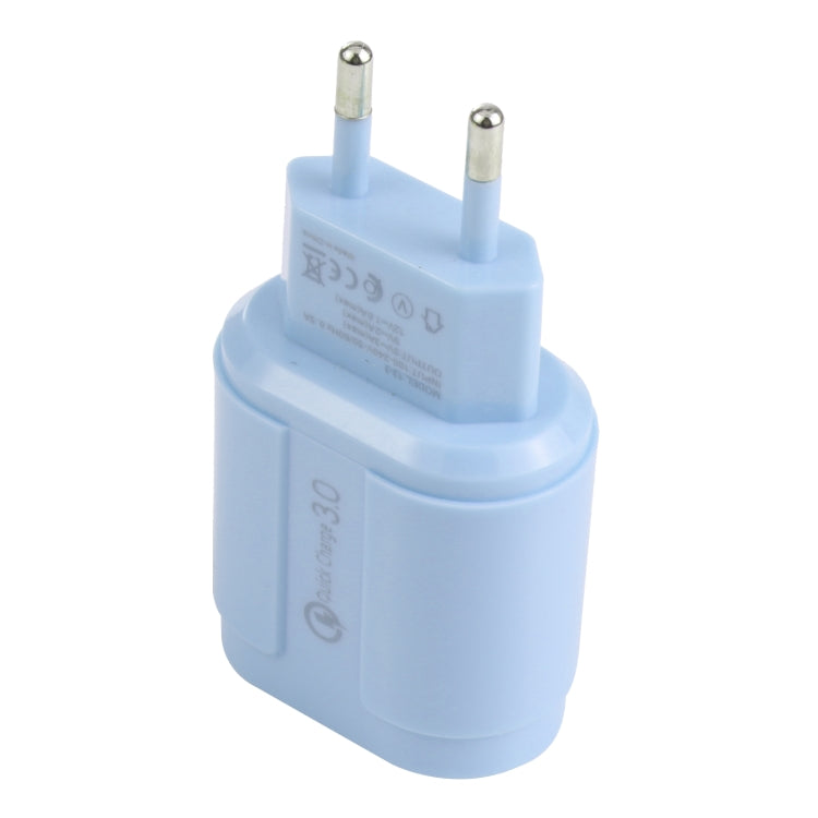 13-222 QC3.0 USB + 2.1A Puerto USB Dual Macarons Cargador de Viaje Enchufe de la UE (Azul)