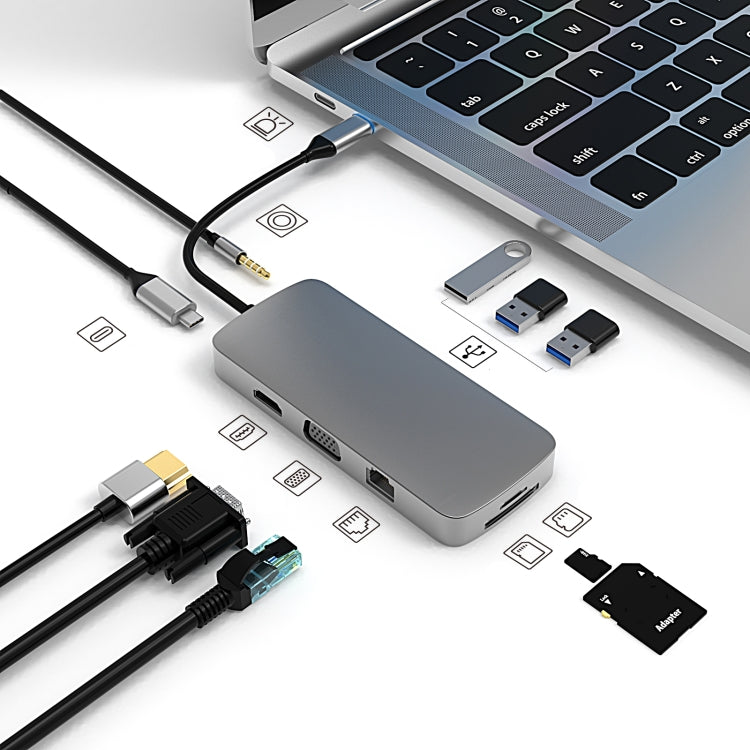BL10V 10 en 1 USB-C / TIPO-C a RJ45 + VGA + HDMI + 3.5 mm AUX + SD / TF Tarjeta Slot + PD USB-C / TYPE-C + USB 3.0 + 2 USB 2.0 Puertos de acoplamiento de Puertos Hub