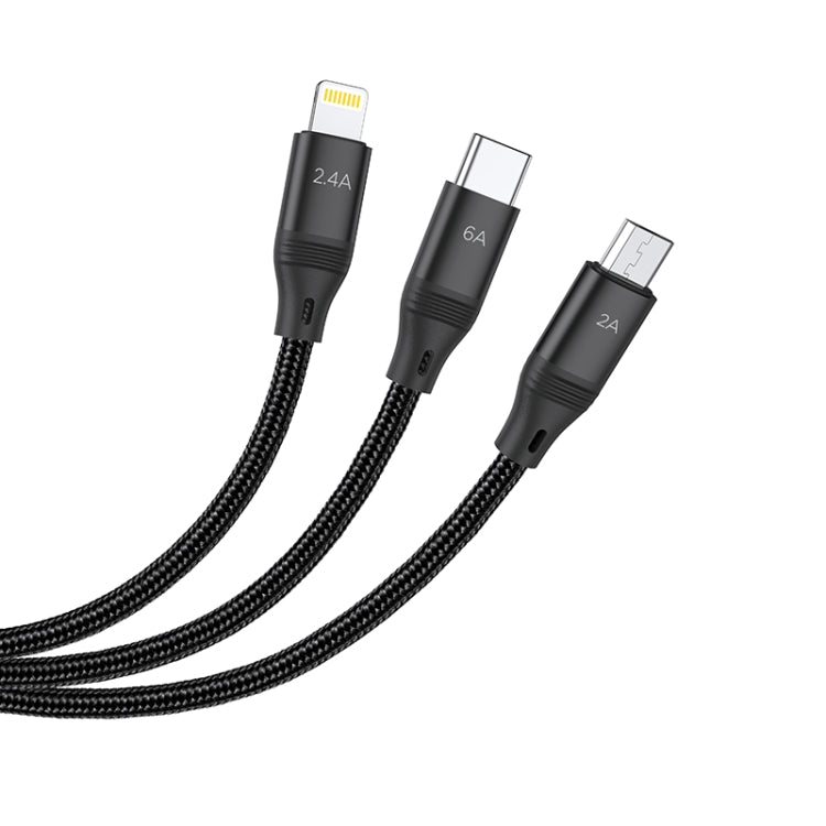 Hoco U104 Ultra 3 in 1 6A USB Fast Charging Cable USB to 8 PIN + Micro USB + USB-C / TYPE-C Cable Cable Length: 1.2m (Black)