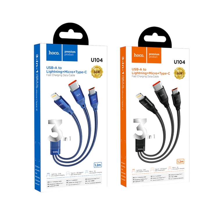 Hoco U104 Ultra 3 en 1 6A Cable de Carga Rápida USB USB a 8 PIN + Micro USB + Cable USB-C / TYPE-C Longitud del Cable: 1.2m (Negro)