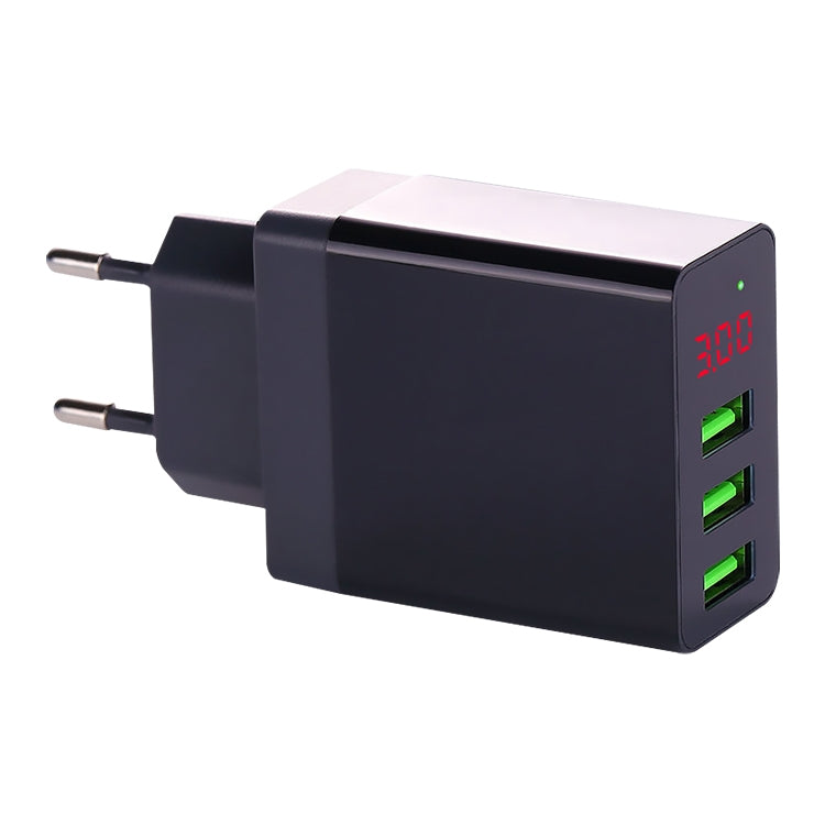 3 USB Ports LED Digital Display Travel Charger EU Plug (Black)