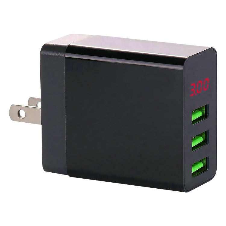 3 USB Ports LED Digital Display Travel Charger US Plug (Black)