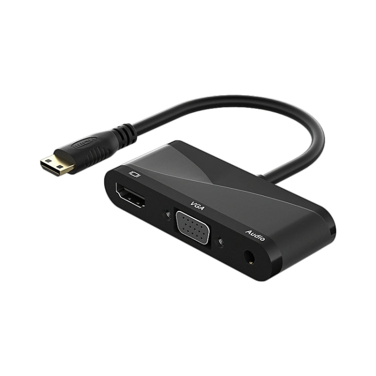 H114 3 en 1 Mini HDMI a HDMI + VGA + 3.5 Cable conversor de Audio (Negro)