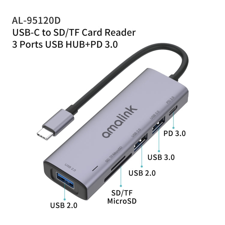 Amalink 95120D Tipo-C / USB-C a SD / TF + 3 Puertos USB + PD 3.0 Hub multifunción (Gris)