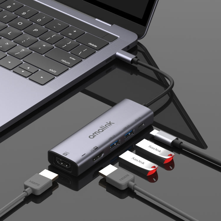 amalink 95126 tipo-C / USB-C a Dual HDMI + 2 Puertos USB + PD 3.0 Hub multifunción (Gris)