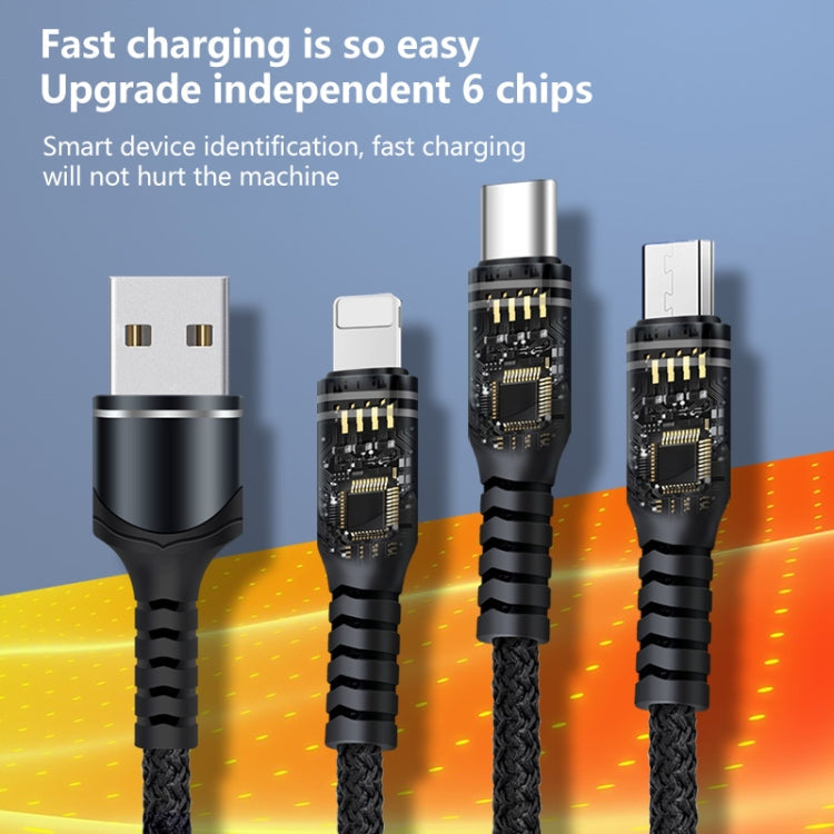 6A 66W 3 in 1 USB to 8 pin + Micro USB + USB-C / Type-C Braided Charging Data Cable (multiColor)