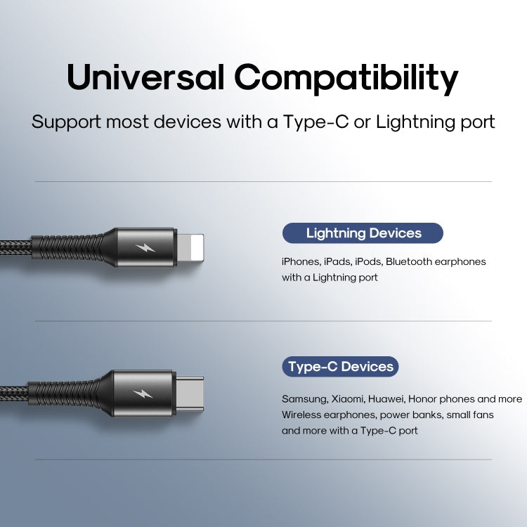 Joyroom S-01530G10 3 in 1 USB to 8 PINX2+Type-C Nylon Braid Charging Cable Length: 15cm (Black)