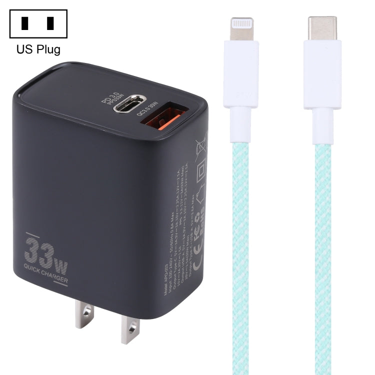 PD 33W USB-C / Type-C+QC 3.0 Dual USB Port Charger with 1m 27W USB-C / Type-C to 8Pin PD Data Cable specification: US Plug (Black + Green)