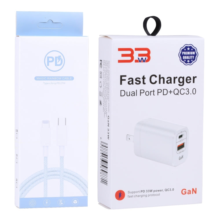 PD 33W USB-C / Type-C+QC 3.0 Dual USB Port Charger with 1m 27W USB-C / Type-C to 8-Pin PD Data Cable Specification: US Plug (White + Pink)