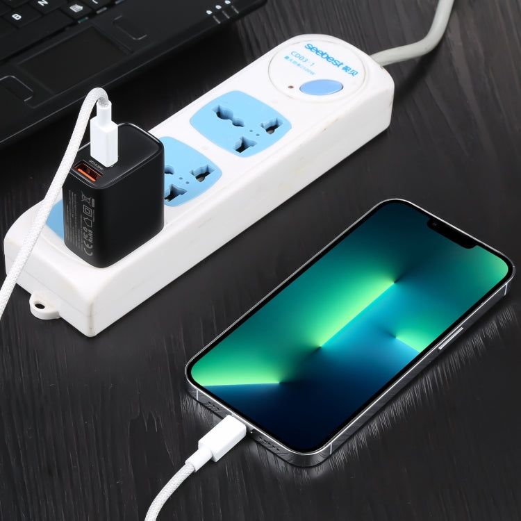 PD 33W USB-C / Type-C+QC 3.0 Dual USB Port Charger with 1m 27W USB-C / Type-C to 8-Pin PD Data Cable specification: US Plug (White + Blue)