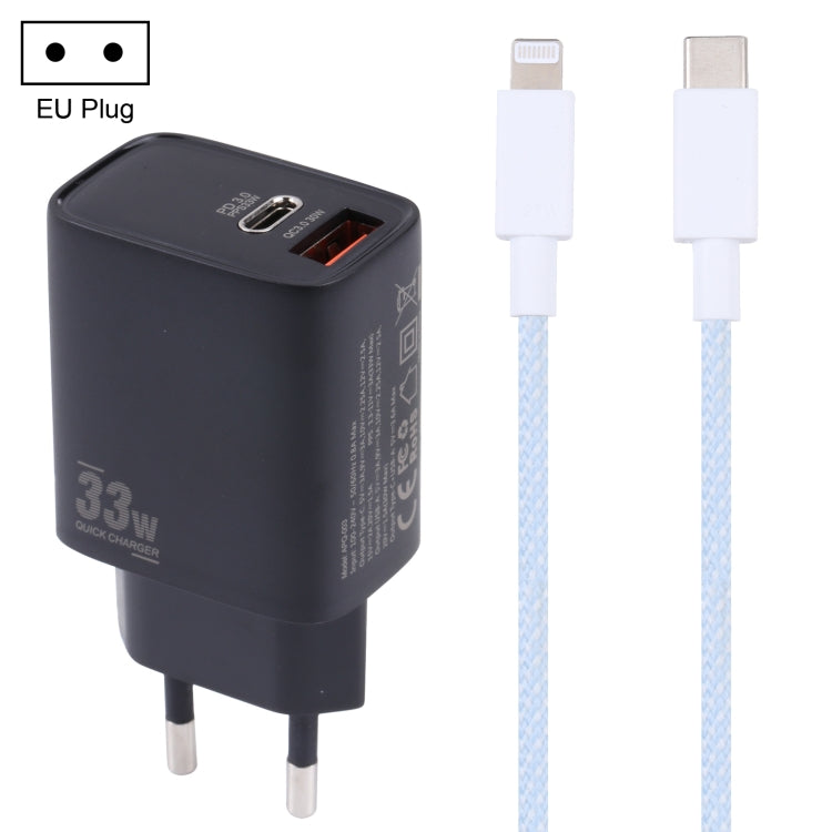PD 33W USB-C / Type-C+QC 3.0 Dual USB Port Charger with 1m 27W USB-C / Type-C to 8-Pin PD Data Cable Specification: EU Plug (Black + Blue)
