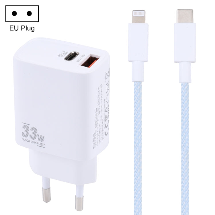 PD 33W USB-C / Type-C+QC 3.0 Dual USB Port Charger with 1m 27W USB-C / Type-C to 8-Pin PD Data Cable Specification: EU Plug (White + Blue)