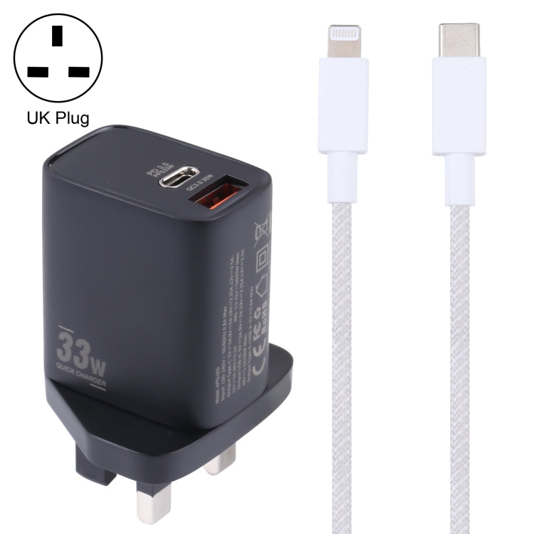 PD 33W USB-C / Type-C+QC 3.0 Dual USB Port Charger with 1m 27W USB-C / Type-C to 8-Pin PD Data Cable Specification: UK Plug (Black + Grey)