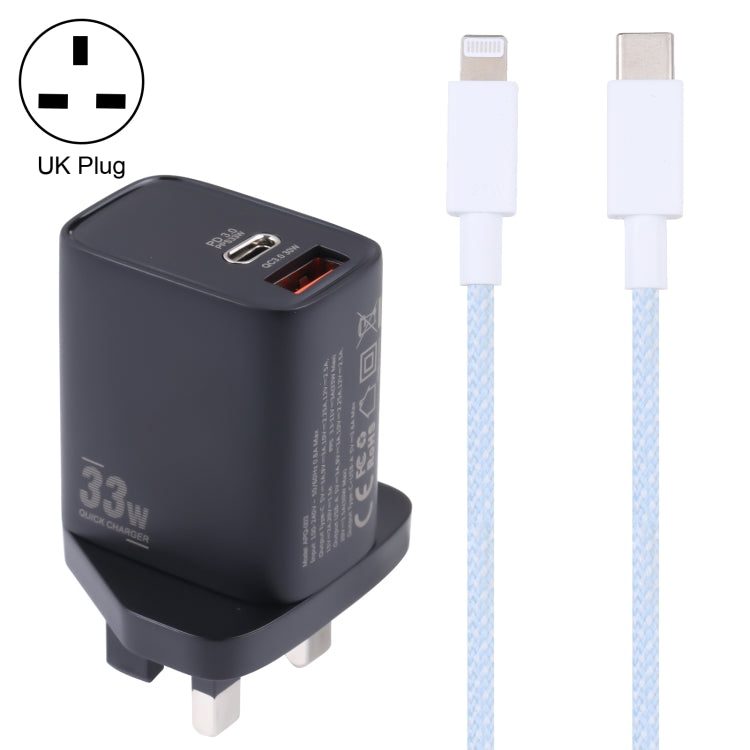 PD 33W USB-C / Type-C+QC 3.0 Dual USB Port Charger with 1m 27W USB-C / Type-C to 8-Pin PD Data Cable Specification: UK Plug (Black + Blue)
