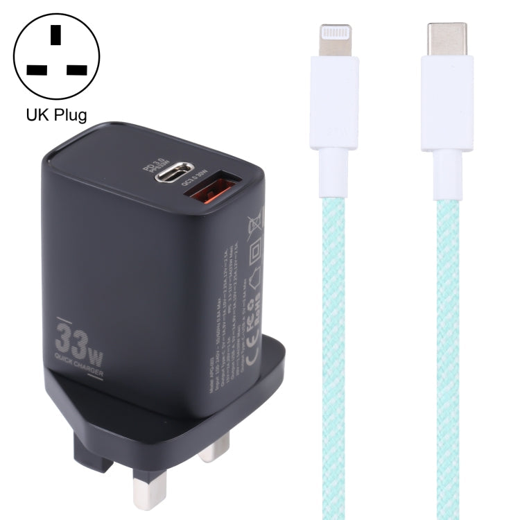PD 33W USB-C / Type-C+QC 3.0 Dual USB Port Charger with 1m 27W USB-C / Type-C to 8-Pin PD Data Cable Specification: UK Plug (Black + Green)