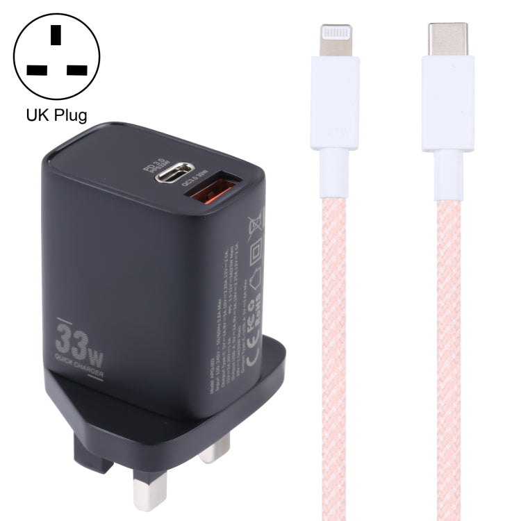 PD 33W USB-C / Type-C+QC 3.0 Dual USB Port Charger with 1m 27W USB-C / Type-C to 8-Pin PD Data Cable Specification: UK Plug (Black + Pink)