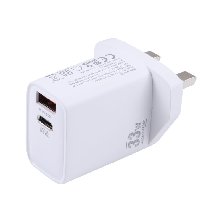 Chargeur double port USB PD 33W USB-C / Type-C + QC 3.0 avec câble de données PD 1m 27W USB-C / Type-C à 8 broches Spécification: prise britannique (blanc + gris)