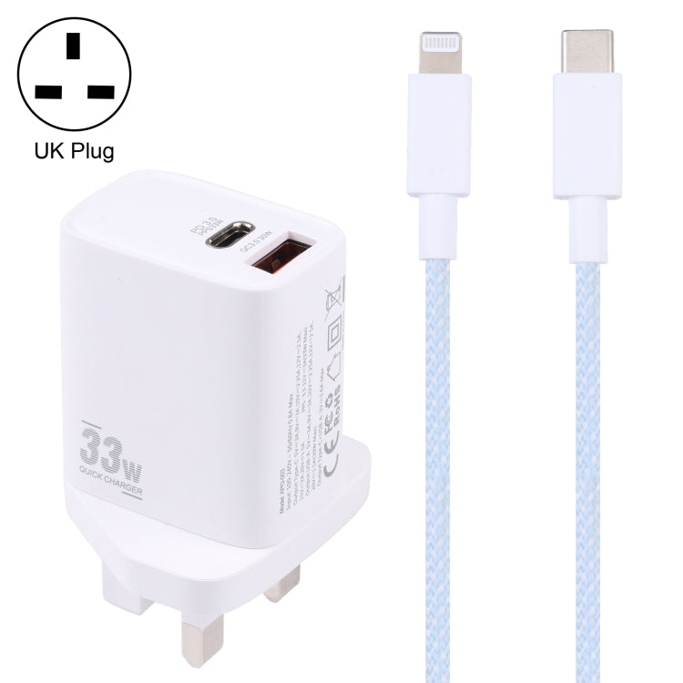 PD 33W USB-C / Type-C+QC 3.0 Dual USB Port Charger with 1m 27W USB-C / Type-C to 8-Pin PD Data Cable Specification: UK Plug (White + Blue)