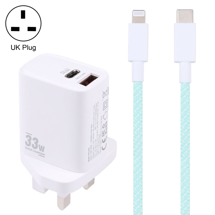 PD 33W USB-C / Type-C+QC 3.0 Dual USB Port Charger with 1m 27W USB-C / Type-C to 8-Pin PD Data Cable Specification: UK Plug (White + Green)
