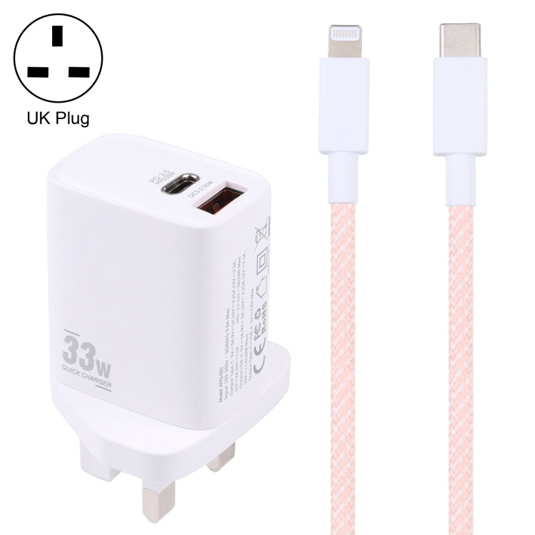 PD 33W USB-C / Type-C+QC 3.0 Dual USB Port Charger with 1m 27W USB-C / Type-C to 8-Pin PD Data Cable Specification: UK Plug (White + Pink)