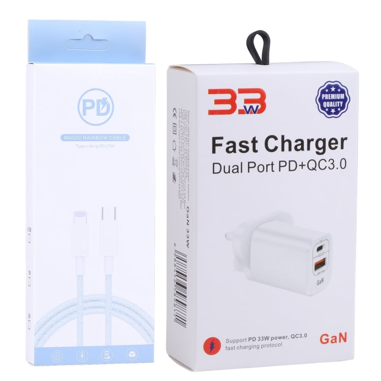PD 33W USB-C / Type-C+QC 3.0 Dual USB Port Charger with 1m 27W USB-C / Type-C to 8-Pin PD Data Cable Specification: UK Plug (Black + Grey)