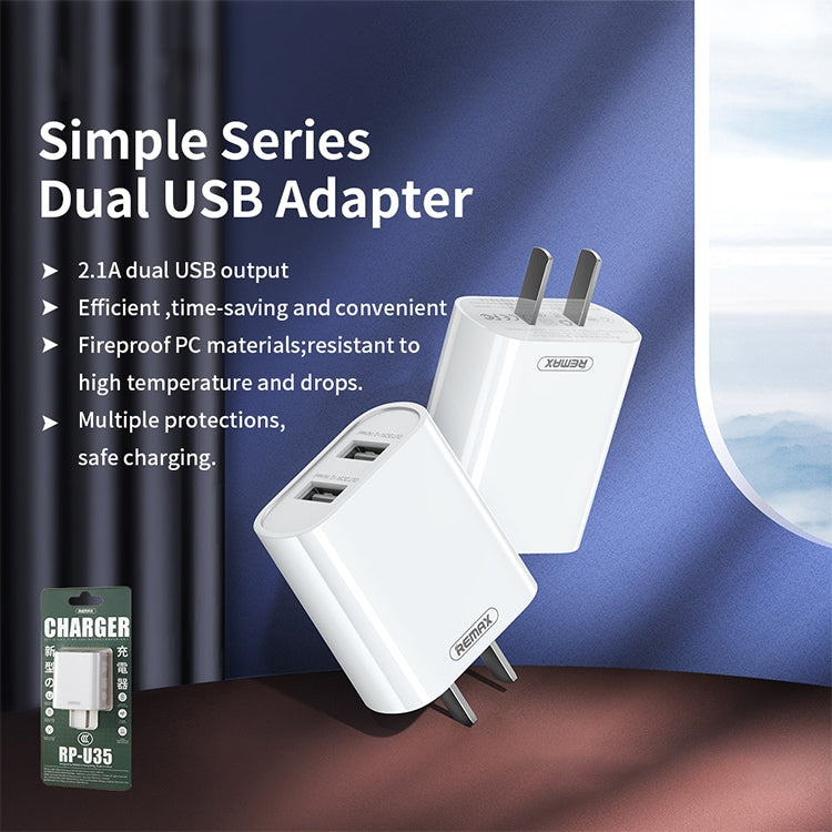 Remax Jane Series RP-U35 2.1A Dual USB Port Charger Specification: CN Plug (White)