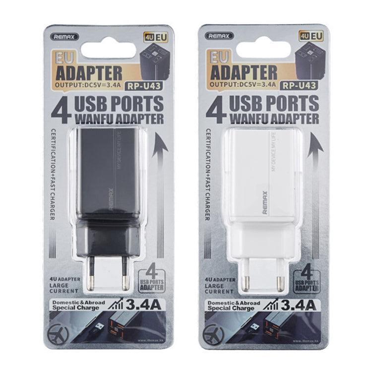 Spécification du chargeur rapide USB Remax RP-U43 3,4 A 4 ports : prise UE (noire)