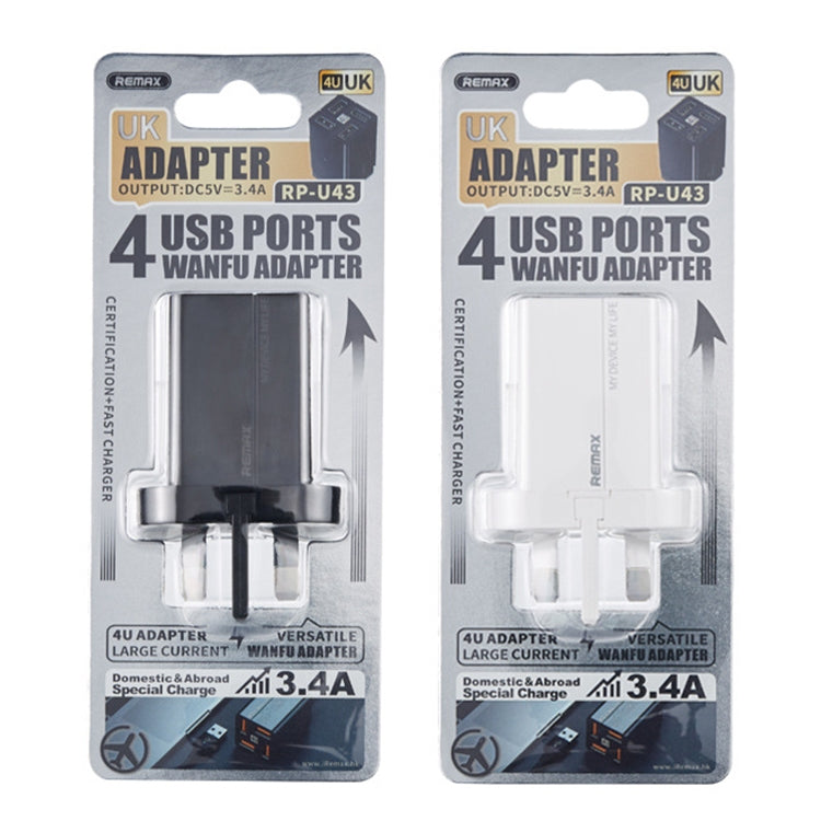 Spécification du chargeur rapide USB Remax RP-U43 3,4 A 4 ports : prise britannique (blanc)
