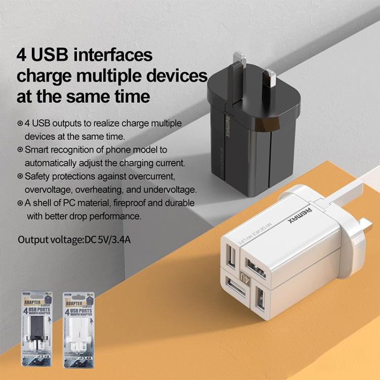 Spécification du chargeur rapide USB Remax RP-U43 3,4 A 4 ports : prise britannique (blanc)