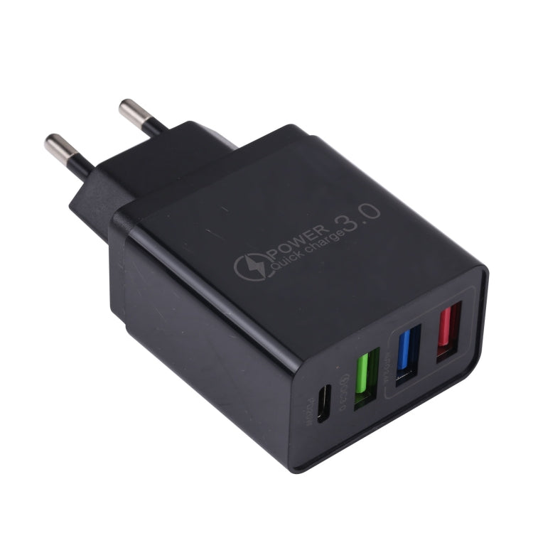AR-2025 4 in 1 QC3.0 PD20W 3xUSB + USB-C / Type C Wall Travel Charger EU Plug (Black)