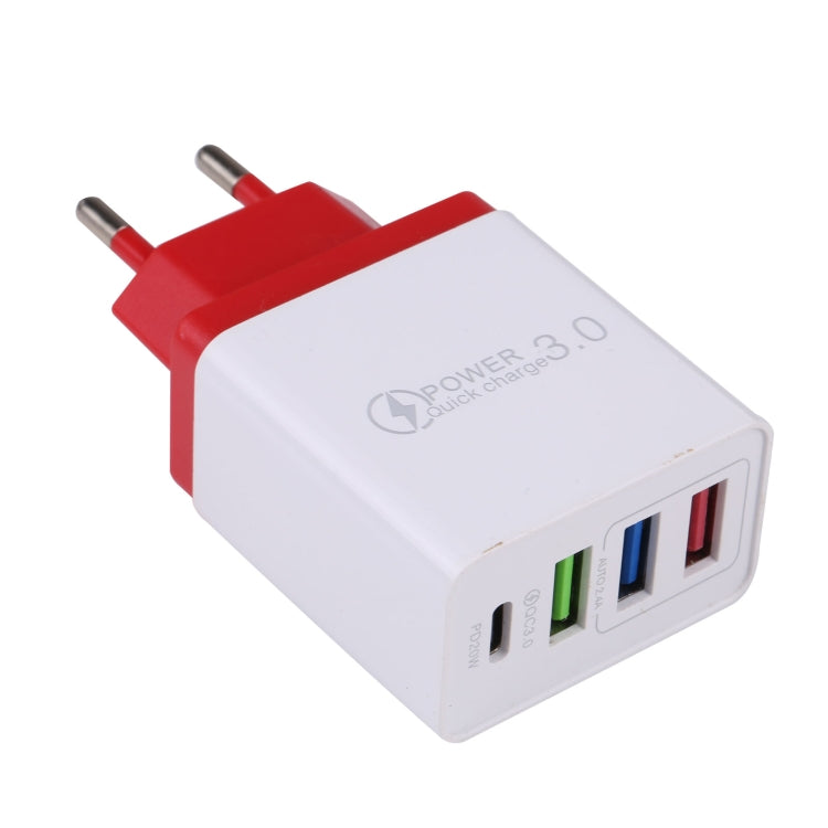 AR-2025 4 in 1 QC3.0 PD20W 3xUSB + USB-C / Type C Wall Travel Charger EU Plug (Red)