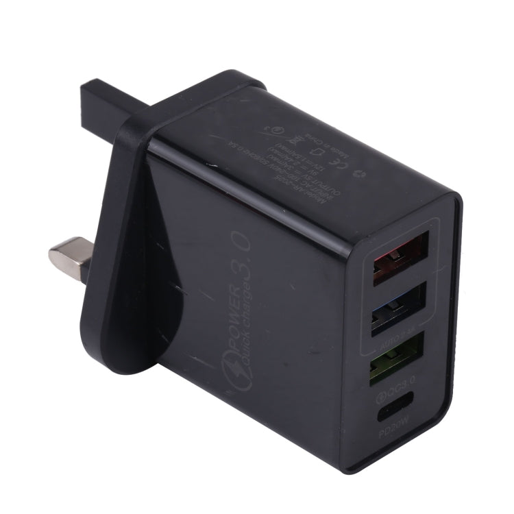 AR-2025 4 en 1 QC3.0 PD20W 3xUSB + USB-C / Cargador de Viaje de pared Tipo C Enchufe de Reino Unido (Negro)