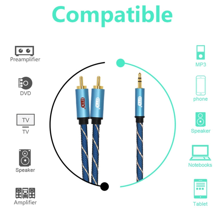 EMK Jack 3,5 mm mâle vers 2 x connecteur RCA mâle Câble audio haut-parleur plaqué or Longueur du câble : 5 m (bleu foncé)