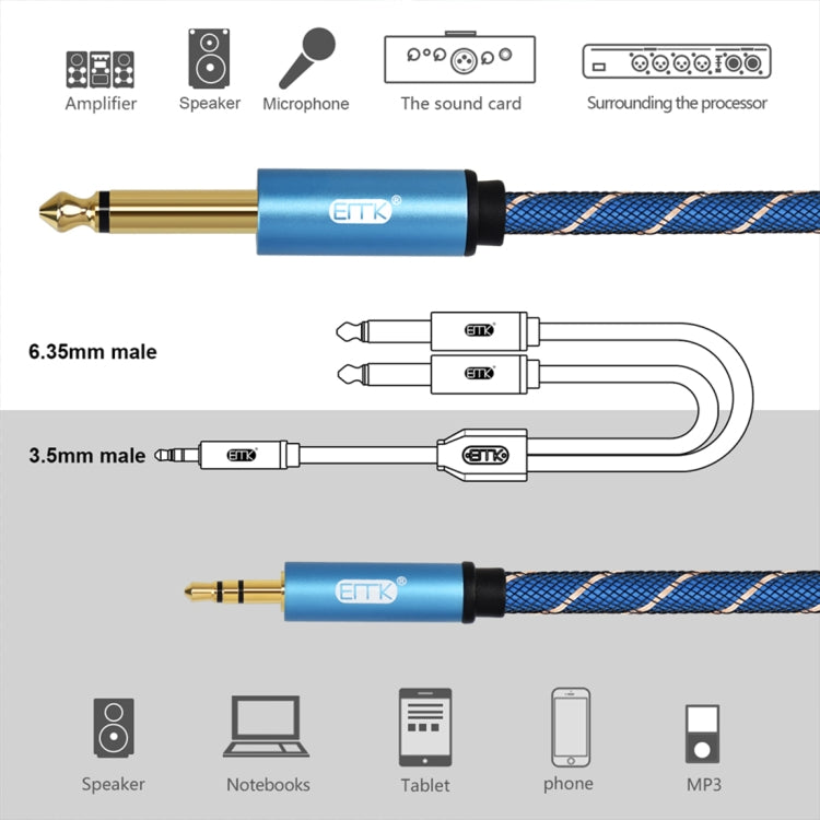 EMK Fiche mâle 3,5 mm vers 2 fiches mâles 6,35 mm Câble auxiliaire en nylon tressé plaqué or pour ordinateur / X-BOX / PS3 / CD / DVD Longueur du câble : 1,5 m (Bleu foncé)