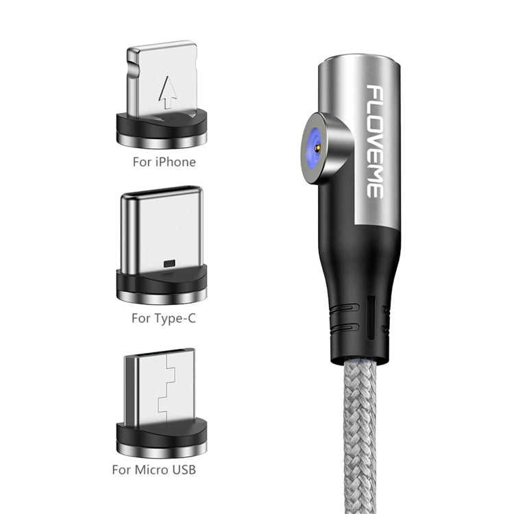 FLOVEME YXF212896 Câble de charge magnétique 3 en 1 2,1 A 8 broches + Type-C / USB-C + Micro USB Coudé Longueur du câble : 1 m (Argent)