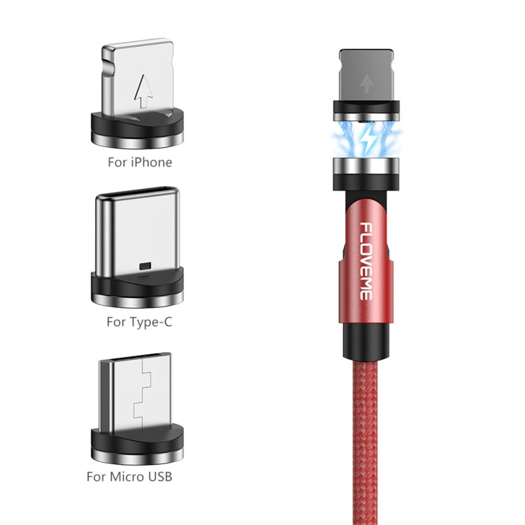 FLOVEME YXF212901 2.1A 3 en 1 8 broches + Type-C / USB-C + Micro USB Rotation à 360 degrés Câble de charge magnétique tressé Longueur : 1 m (Rouge)