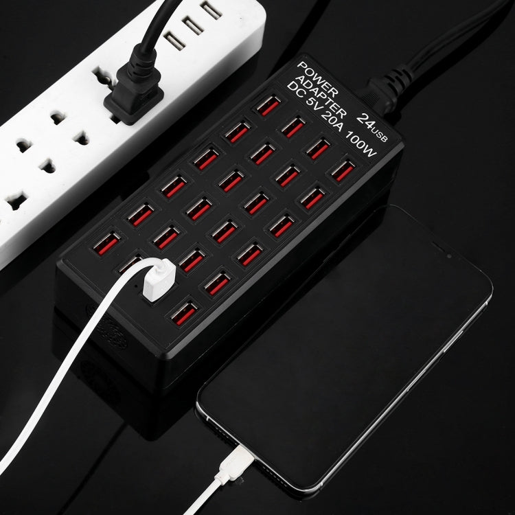 100W 24 ports USB Station de charge rapide Chargeur intelligent avec indicateur LED AC 100-240V US Plug (Noir)