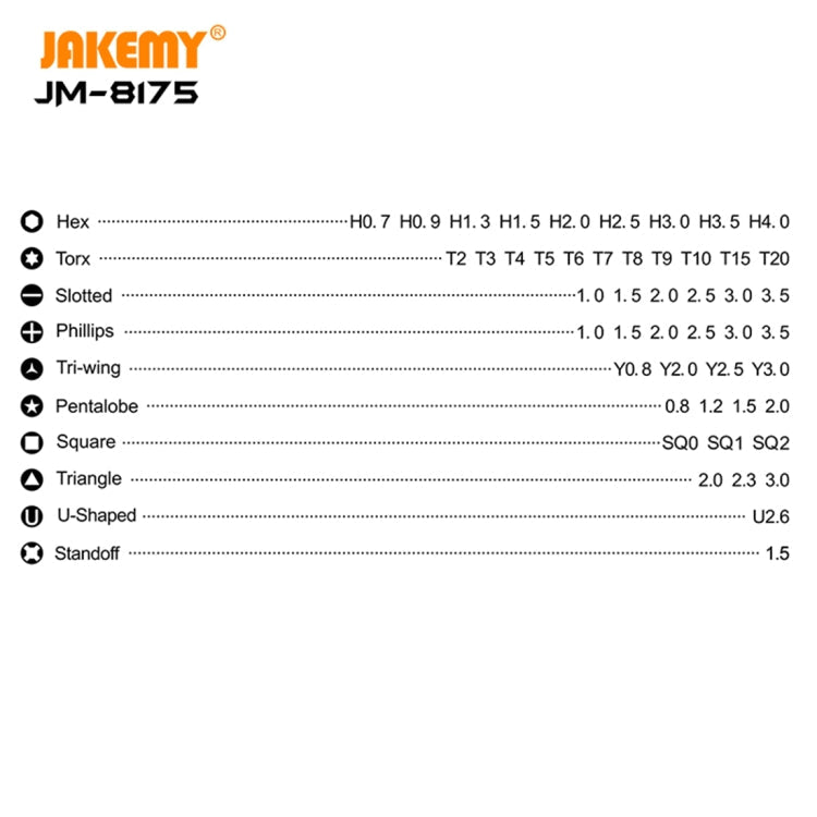 JAKEMY JM-8175 50 en 1 Caja Exterior de Doble cara Juego de Herramientas de Destornillador multifuncional y de Precisión