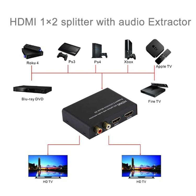 1x2 HDMI Splitter with Audio Extractor Support 5.1CH / 2CH 4Kx2K 3D