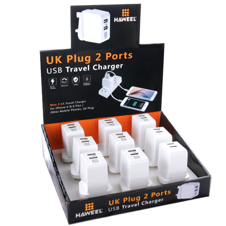 9 PCS HAWEEL UK Enchufe 2 Puertos USB Kits de Cargador de Viaje 1A / 2.1A con caja de soporte de exhibición Para iPhone Galaxy Huawei Xiaomi LG HTC y otros Teléfonos Inteligentes