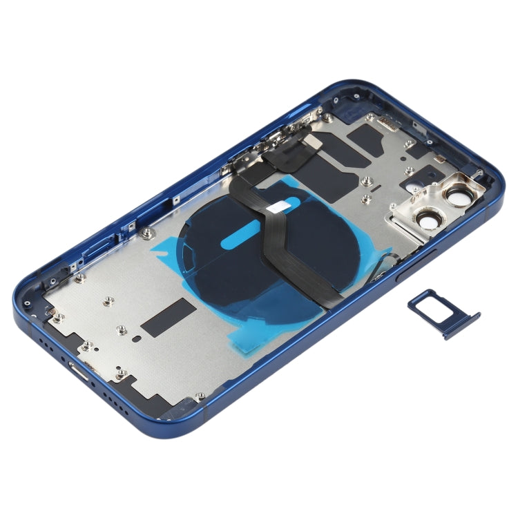 Couvercle de batterie arrière (avec touches latérales et plateaux de cartes et module de charge sans fil avec câble flexible d'alimentation + volume) pour iPhone 12 (bleu)