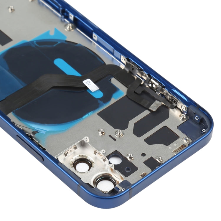 Couvercle de batterie arrière (avec touches latérales et plateaux de cartes et module de charge sans fil avec câble flexible d'alimentation + volume) pour iPhone 12 (bleu)