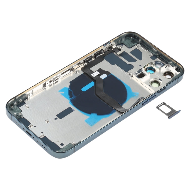 Battery Back Cover (with Side Keys and Card Trays and Power + Volume Flex Cable Wireless Charging Module) for iPhone 12 Pro Max (Blue)