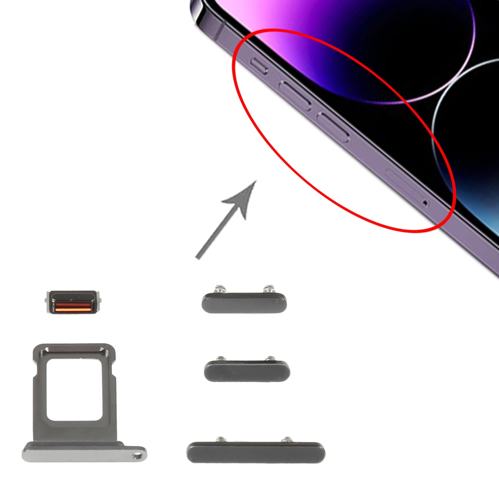 Boutons extérieurs complets + Support SIM Apple iPhone 14 Pro Max Noir