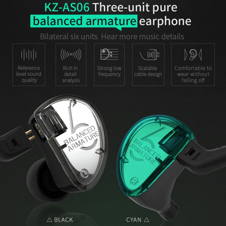 KZ AS06 - Écouteurs intra-auriculaires à commande filaire universelle à fer mobile à six unités avec microphone (Cyan)