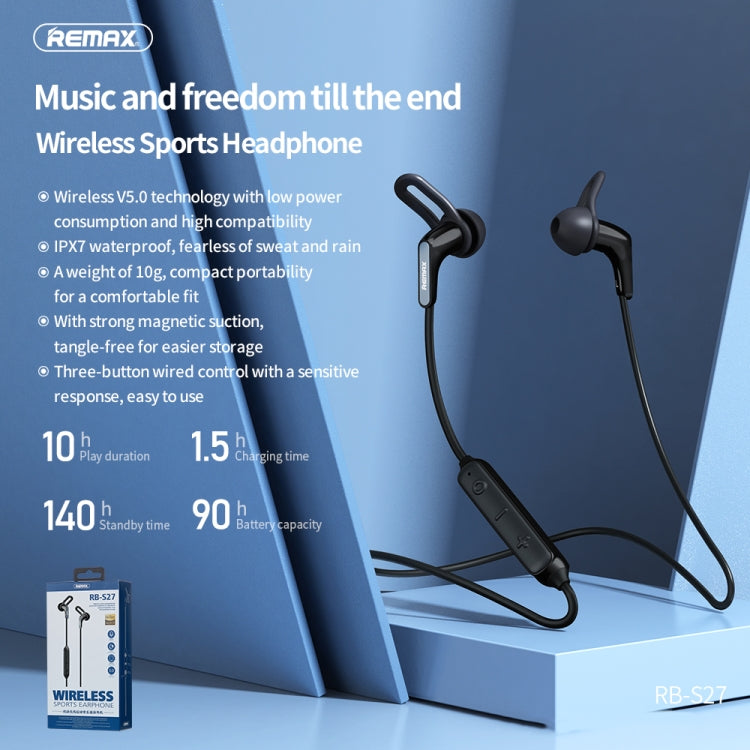 Remax RB-S27 Sports Music Bluetooth V5.0 Prise en charge des écouteurs sans fil Mains libres (Noir)