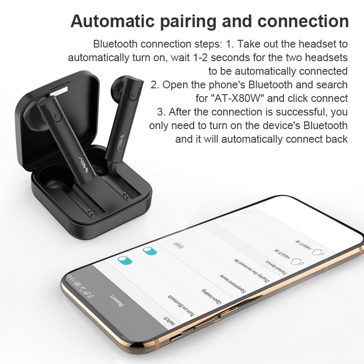 AIN AT-X80W TWS Auriculares de Bluetooth Semi-In-Ore con caja de Carga Soporte Master-Slave Switching HD Call Voice Assistant (White)