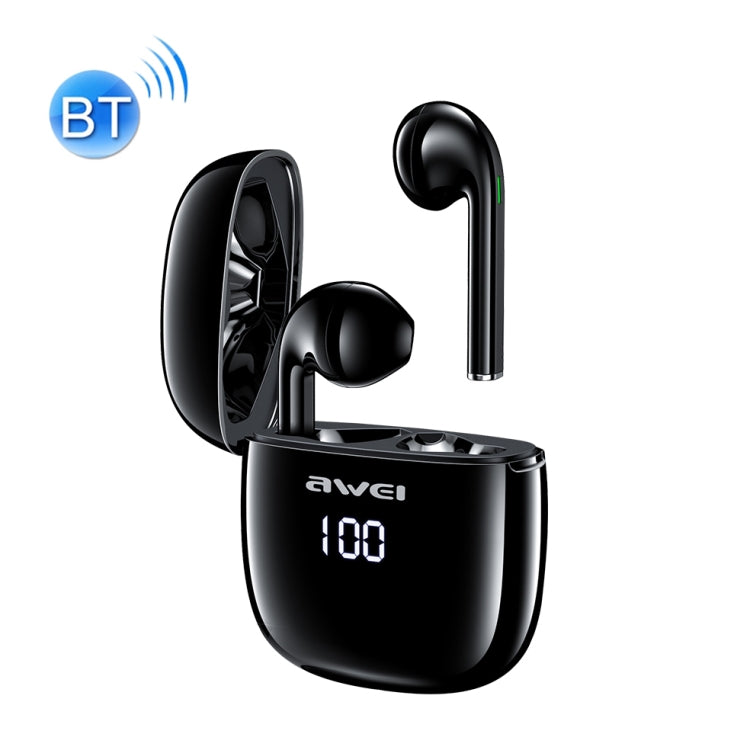 Awei T28P Bluetooth V5.0 Ture Casque de sport sans fil avec écran LED avec étui de chargement (Noir)