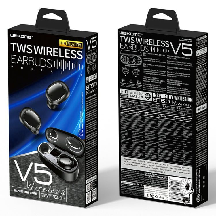 WK V5 TWS 9D Effets sonores stéréo Bluetooth 5.0 Touch Écouteurs Bluetooth sans fil avec affichage LED Alimentation et prise en charge des appels (Noir)