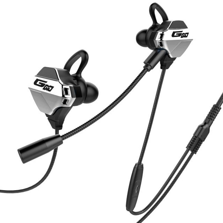 G10 Câble de 1,2 m dans l'oreille Interface stéréo 3,5 mm Casque HIFI contrôlé par fil Jeu vidéo Casque de jeu mobile avec micro Édition Deluxe (Noir Argent)